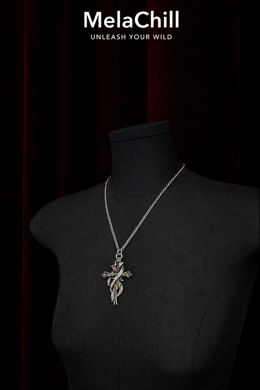 Dark Dual-Tone Thorned Vine Cross Metal Necklace