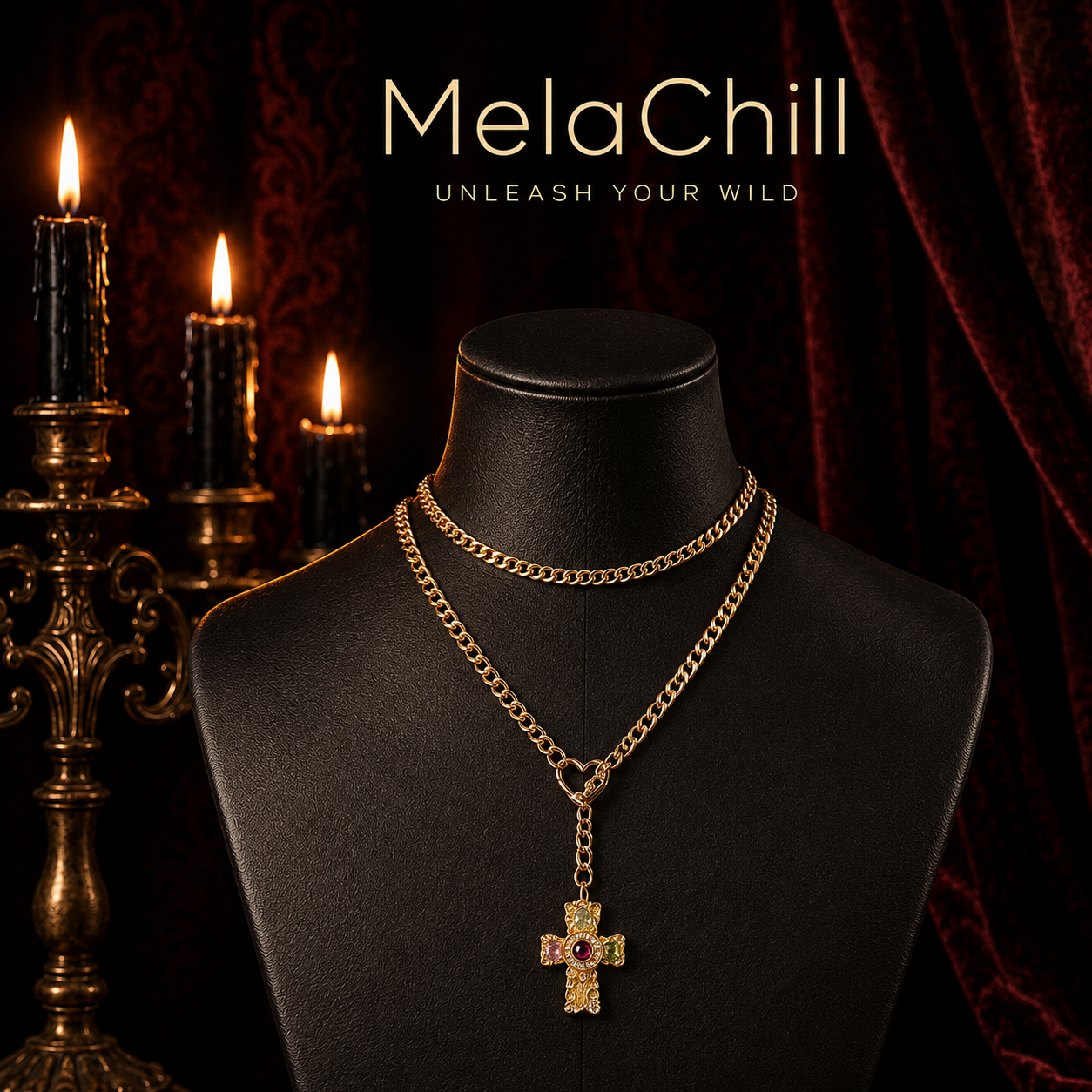 Vintage Gemstone Double-Layer Cross Layering Necklace — Gothic Metal Chain