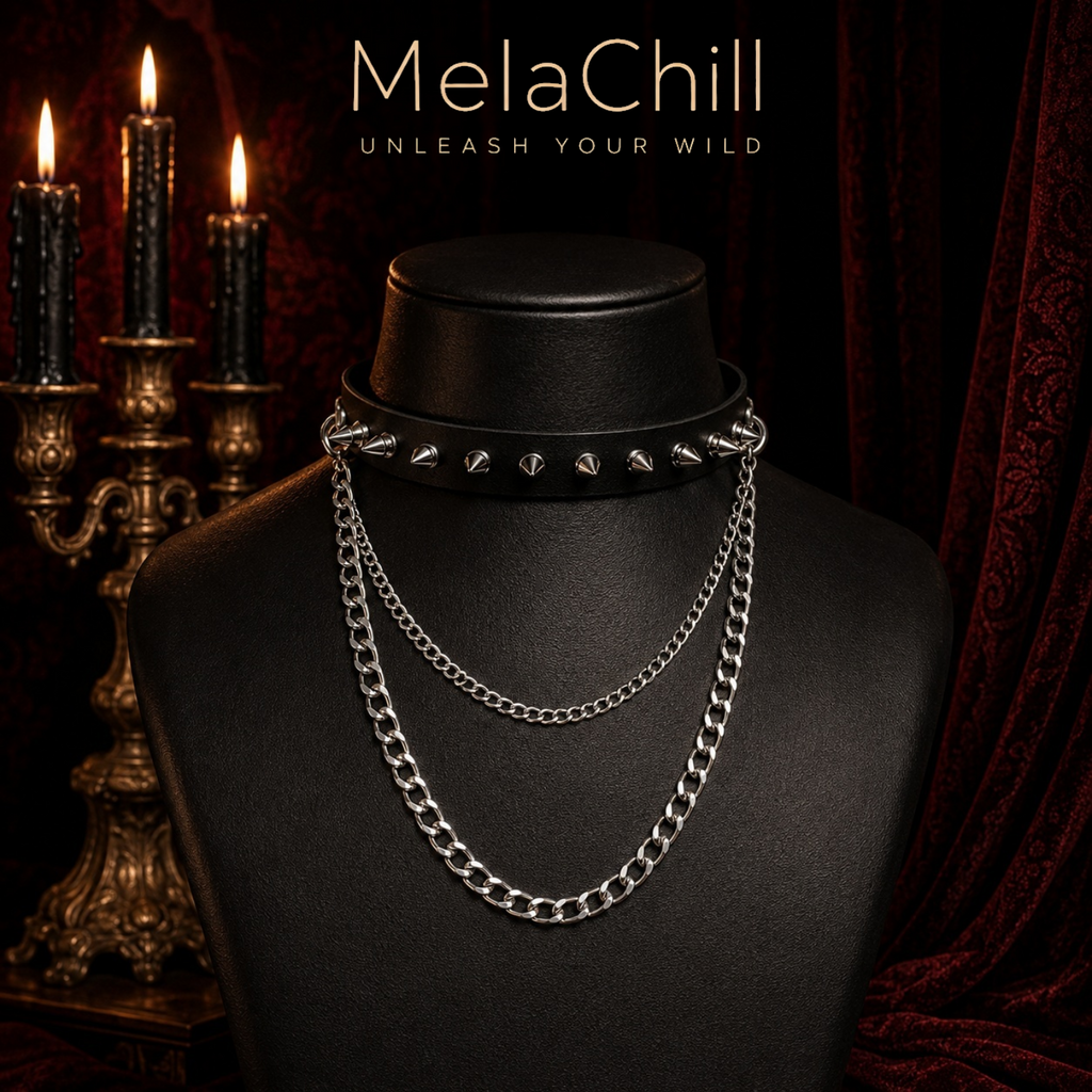 Schwarzer Spike Choker | Double Kette Gothic Collar