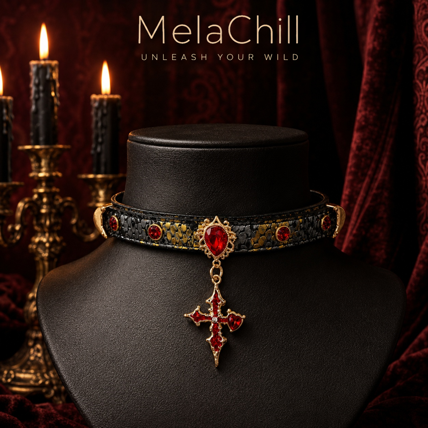 Red Gem Cross Choker | Gothic Pendant Chain Necklace
