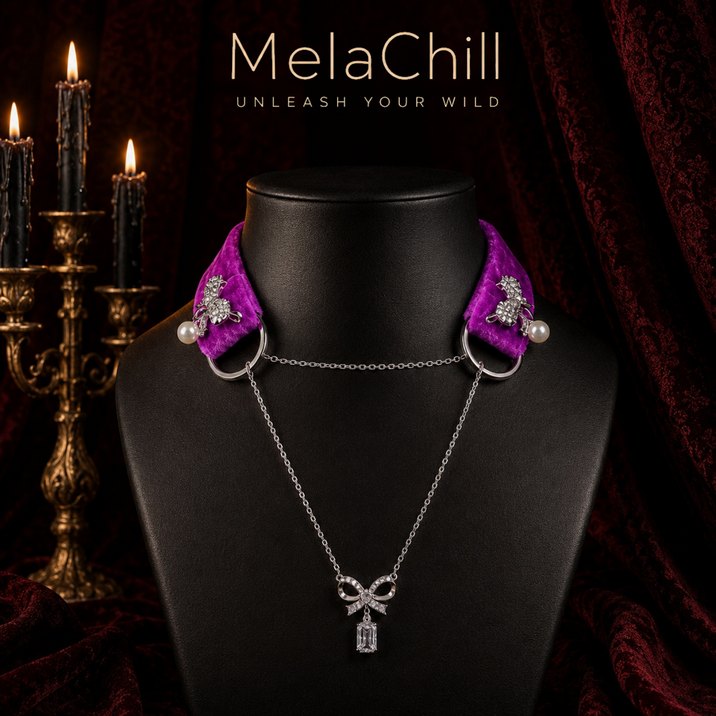 Purple Velvet Choker | Réglable Bow & Floral Pendant Collier