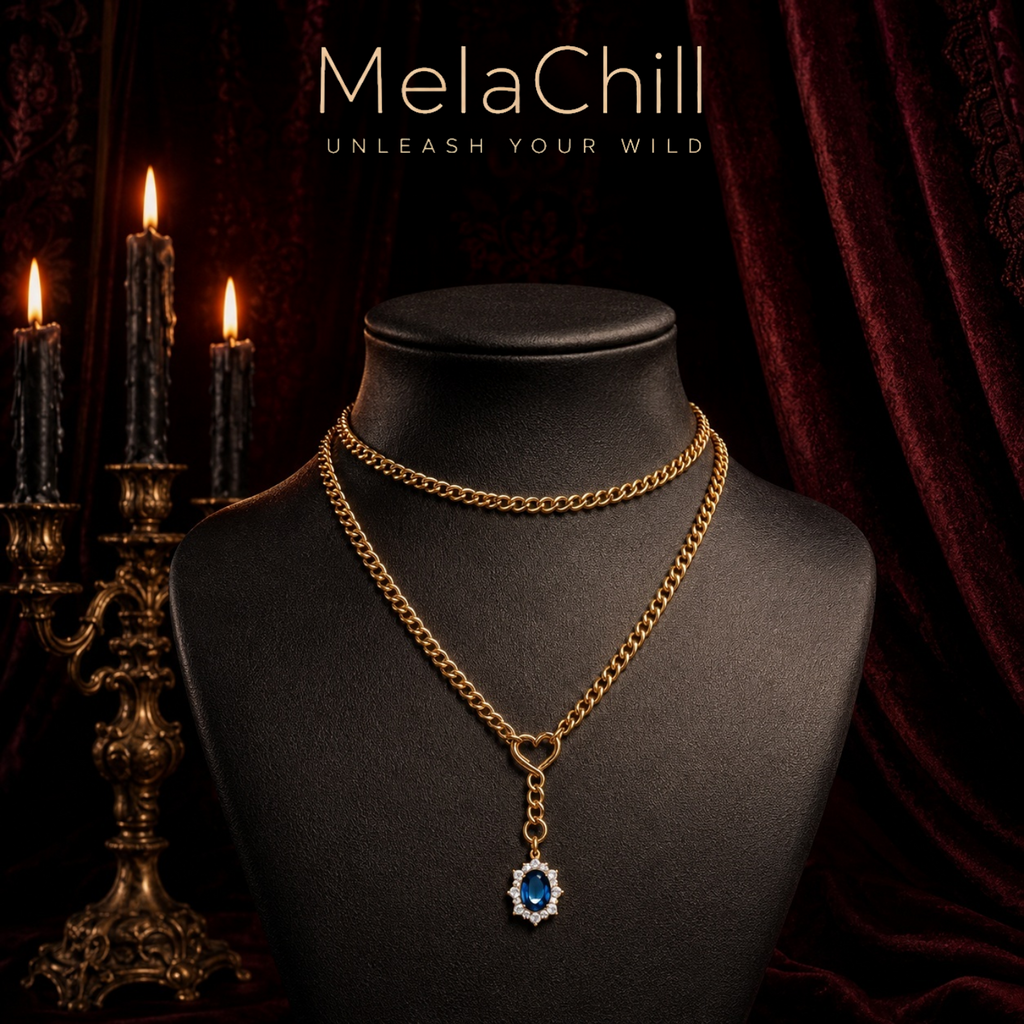 Blue Gem Herz Lariat Choker | Layered Pendant Kette