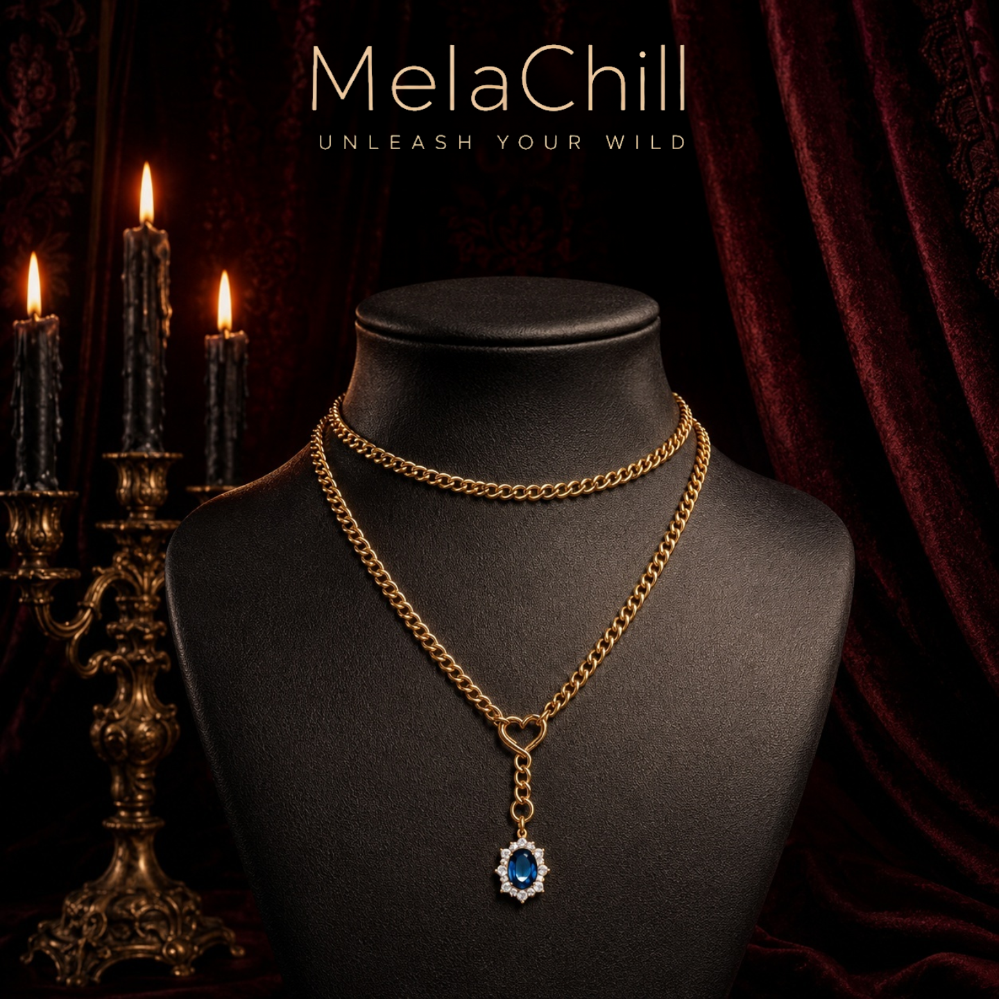 Blue Gem Heart Lariat Choker | Layered Pendant Necklace