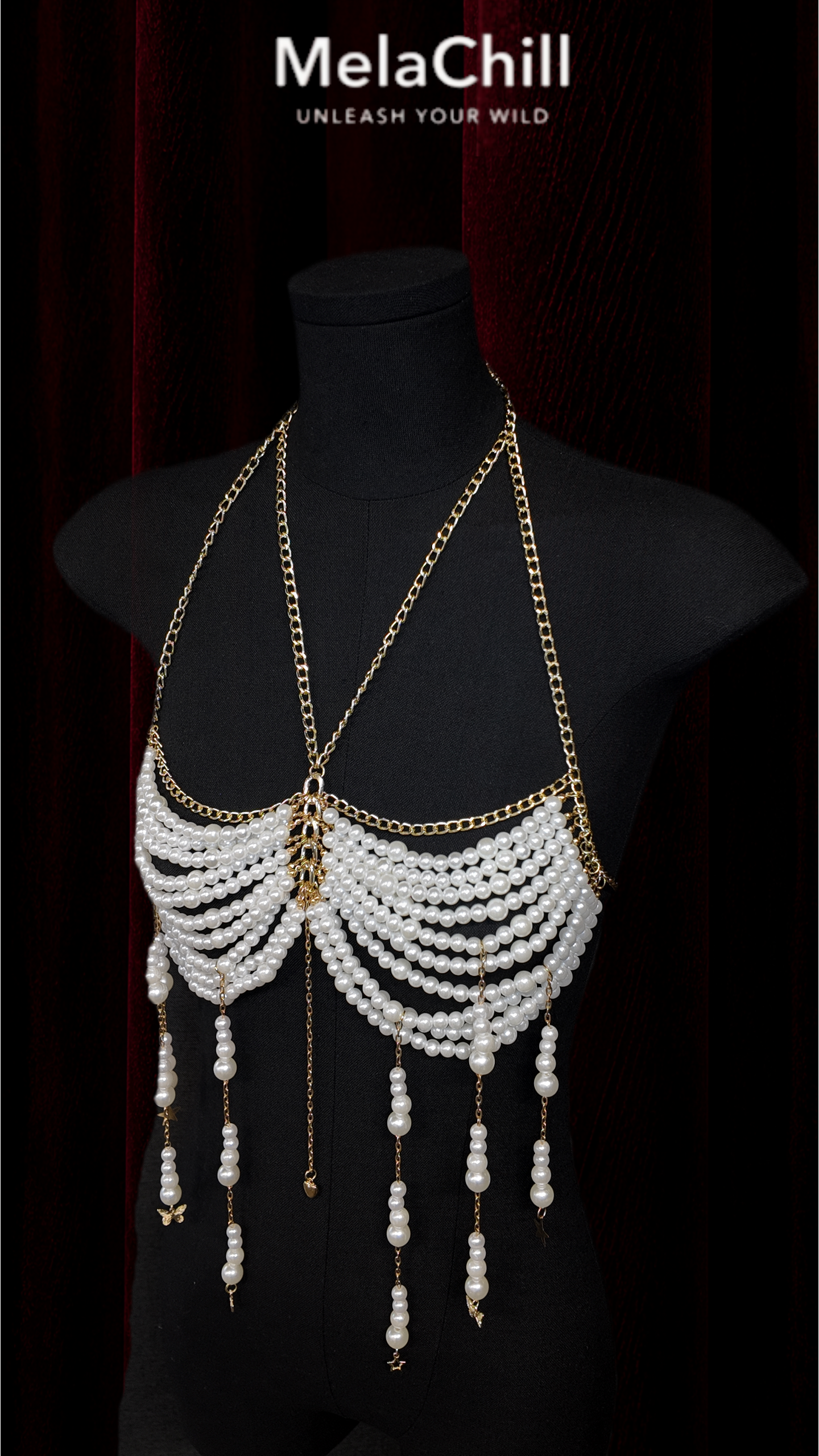 Gold Multi-Layer Pearl Cascade Halter Body Chain