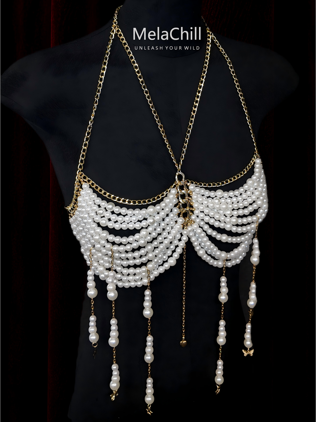 Gold Multi-Layer Pearl Cascade Halter Body Chain
