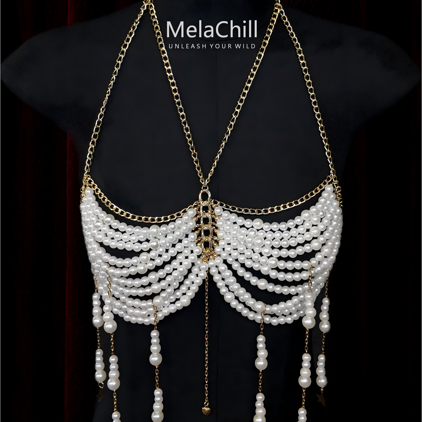Gold Multi-Layer Pearl Cascade Halter Body Chain