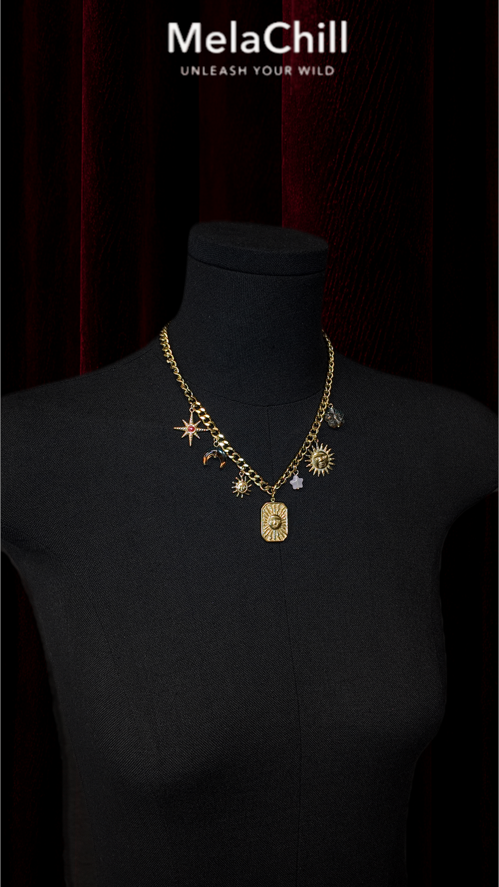 Vintage Sun Moon Star Crystal Cross Multi-Layer Necklace