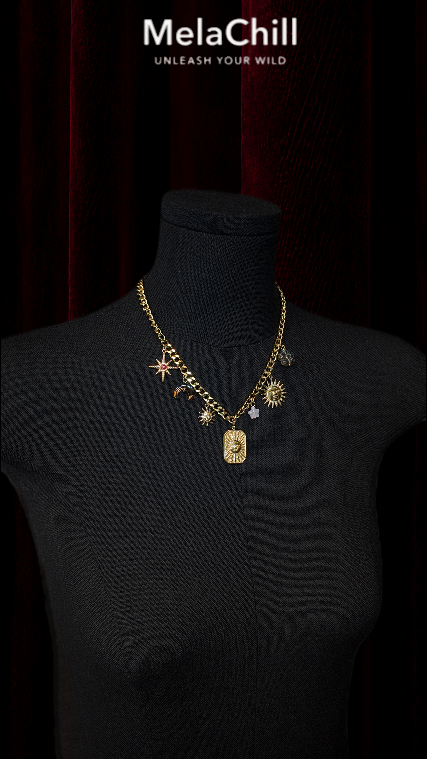 Vintage Sun Moon Star Crystal Cross Multi-Layer Necklace