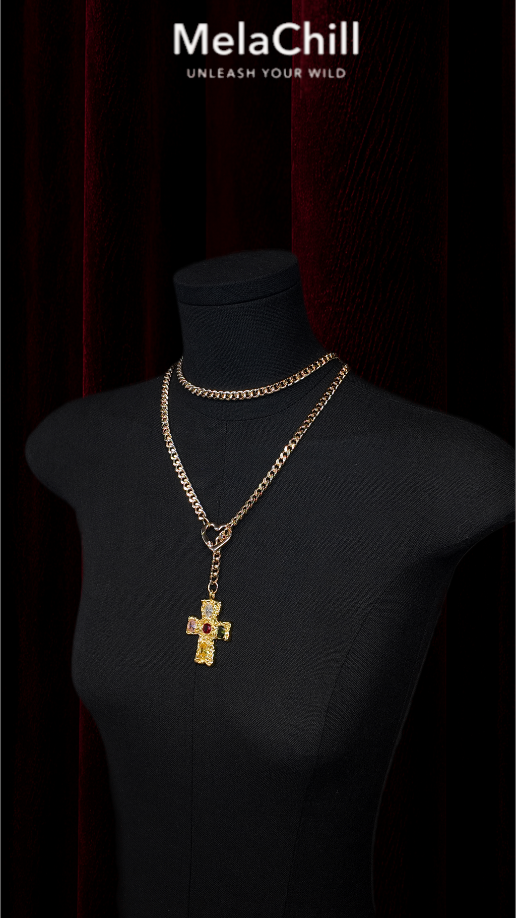 Vintage Gemstone Double-Layer Cross Layering Necklace — Gothic Metal Chain