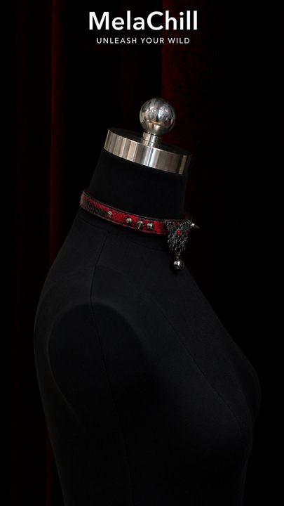 Black Red Gothic Spike Butterfly Bell Choker Necklace | Red Snake Embossed Faux Leather Collar with Antique Butterfly Ornament & Metal Bell Drop