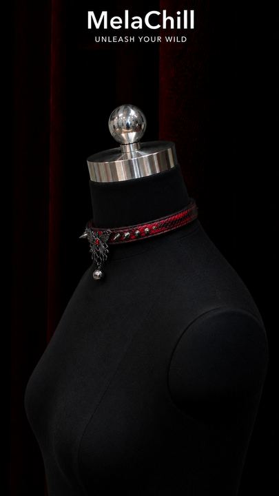 Black Red Gothic Spike Butterfly Bell Choker Necklace | Red Snake Embossed Faux Leather Collar with Antique Butterfly Ornament & Metal Bell Drop