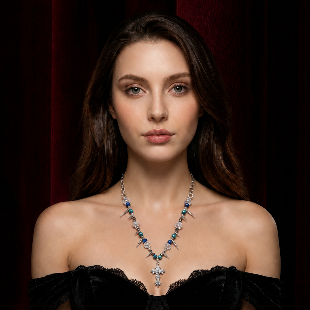 Blue Bead Thorn Spike Carved Cross Choker