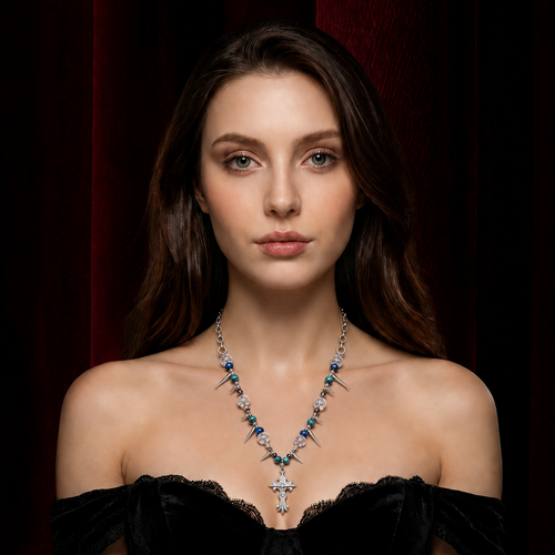 Blue Bead Thorn Spike Carved Cross Choker