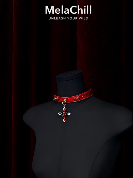 Red Snakeskin Studded Red & Black Crystal Cross Choker