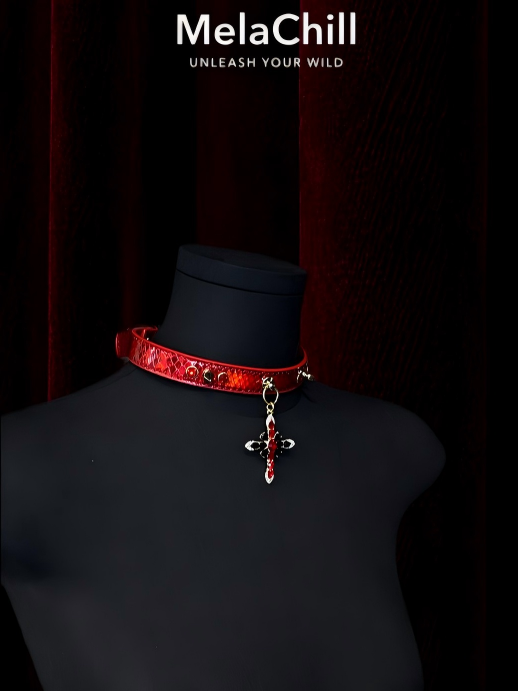 Red Snakeskin Studded Red & Black Crystal Cross Choker