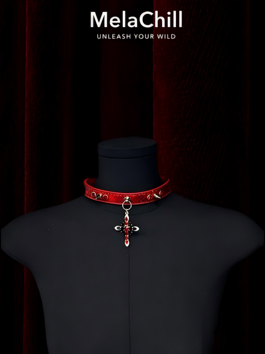 Red Snakeskin Studded Red & Black Crystal Cross Choker