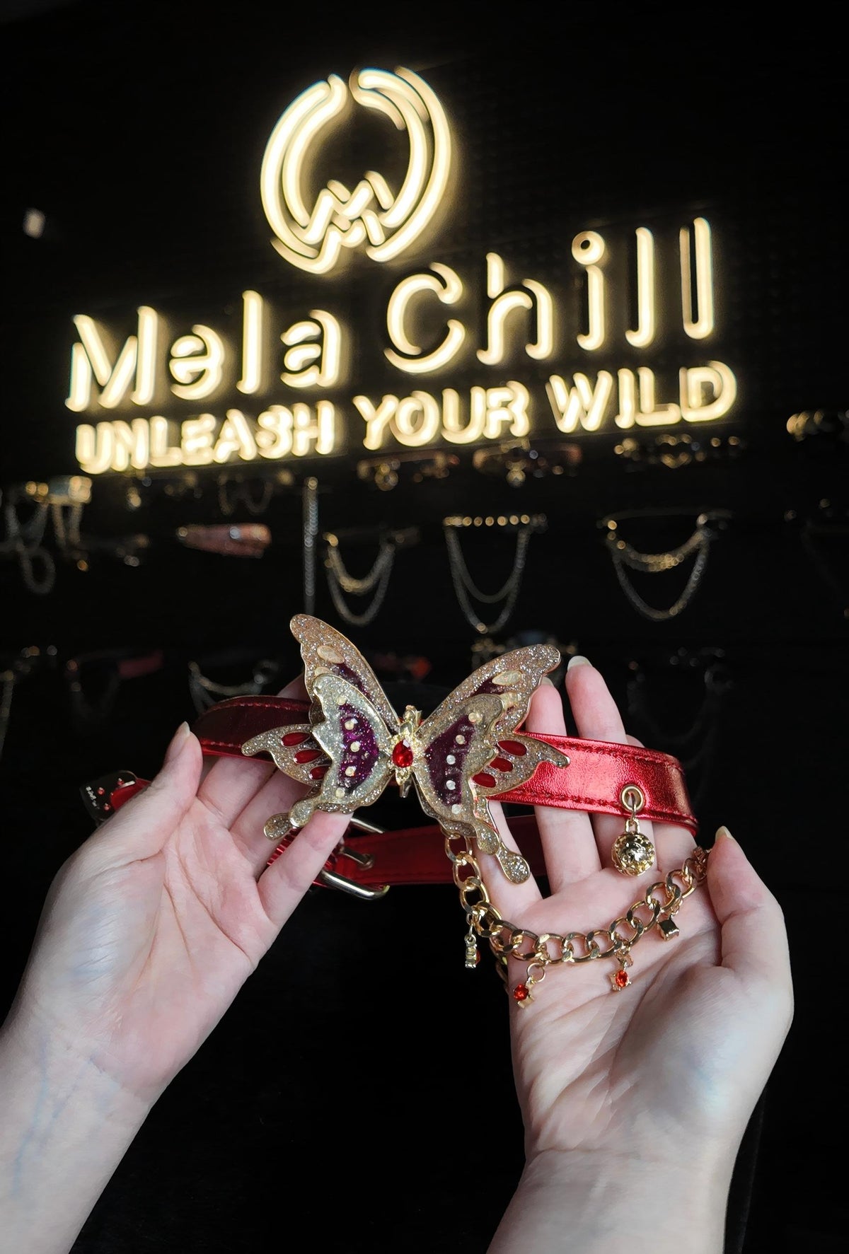 MelaChill Red Night Butterfly Choker Necklace | Rhinestone Leather Collar