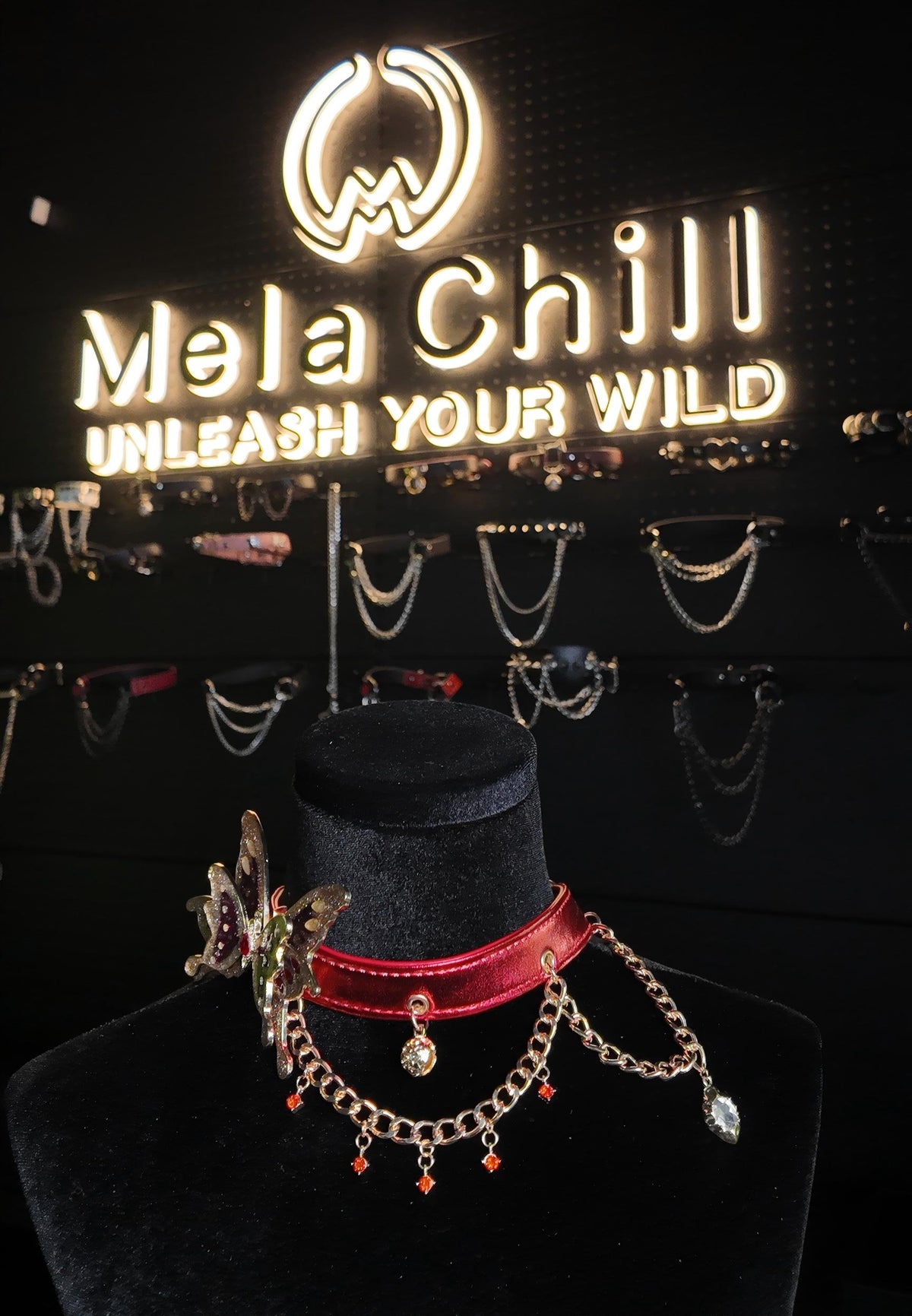 MelaChill Red Night Butterfly Choker Necklace | Rhinestone Leather Collar