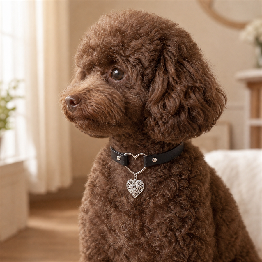 Guardian Heart Black Dog Collar with Silver Filigree Charm