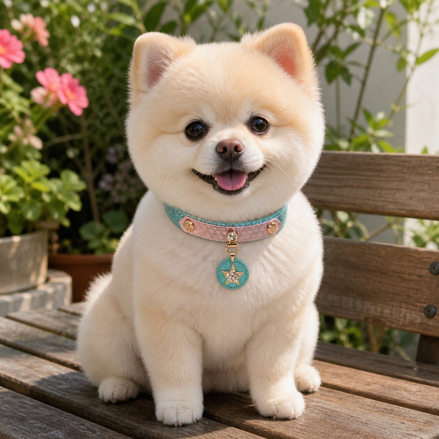 Starlit Ocean Dog Collar with Blue-Pink Finish and Crystal Star Medallion