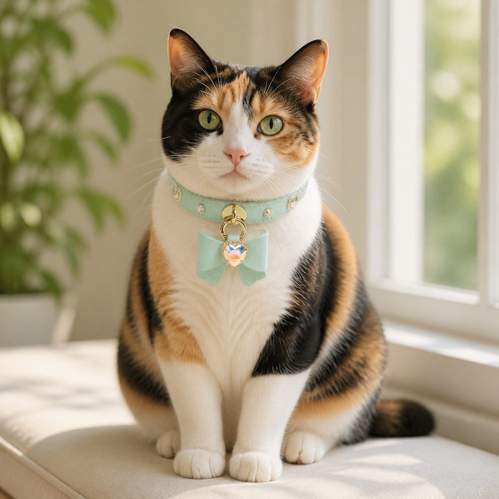 Mint Aurora Cat Collar with Bow and Crystal Heart Pendant