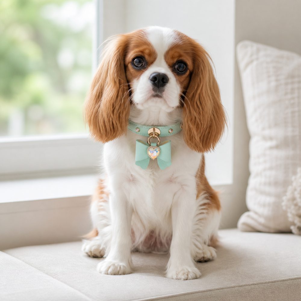 Mint Bow Dog Collar with Iridescent Crystal Heart Charm