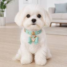 Mint Bow Dog Collar with Iridescent Crystal Heart Charm