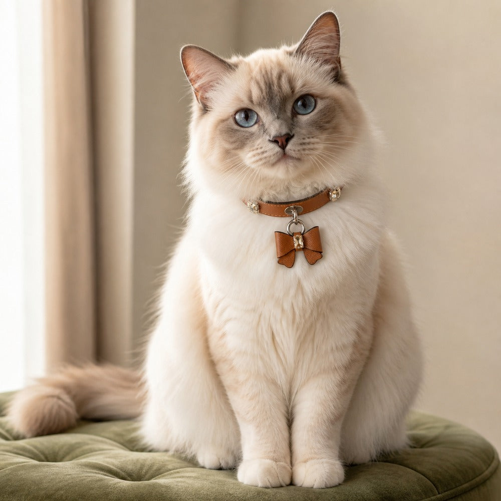 Caramel Bow Cat Collar with Clear Crystal Accents
