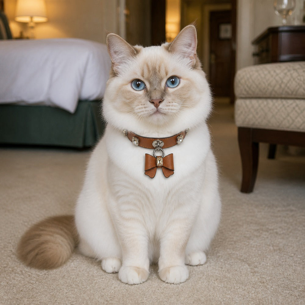 Caramel Bow Cat Collar with Clear Crystal Accents