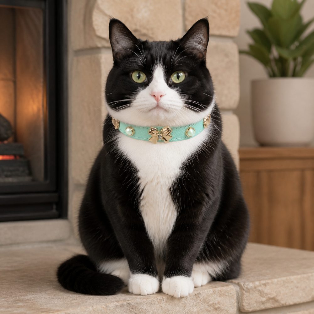 Mint Pearl Cat Collar with Rose-Gold Butterfly Bow