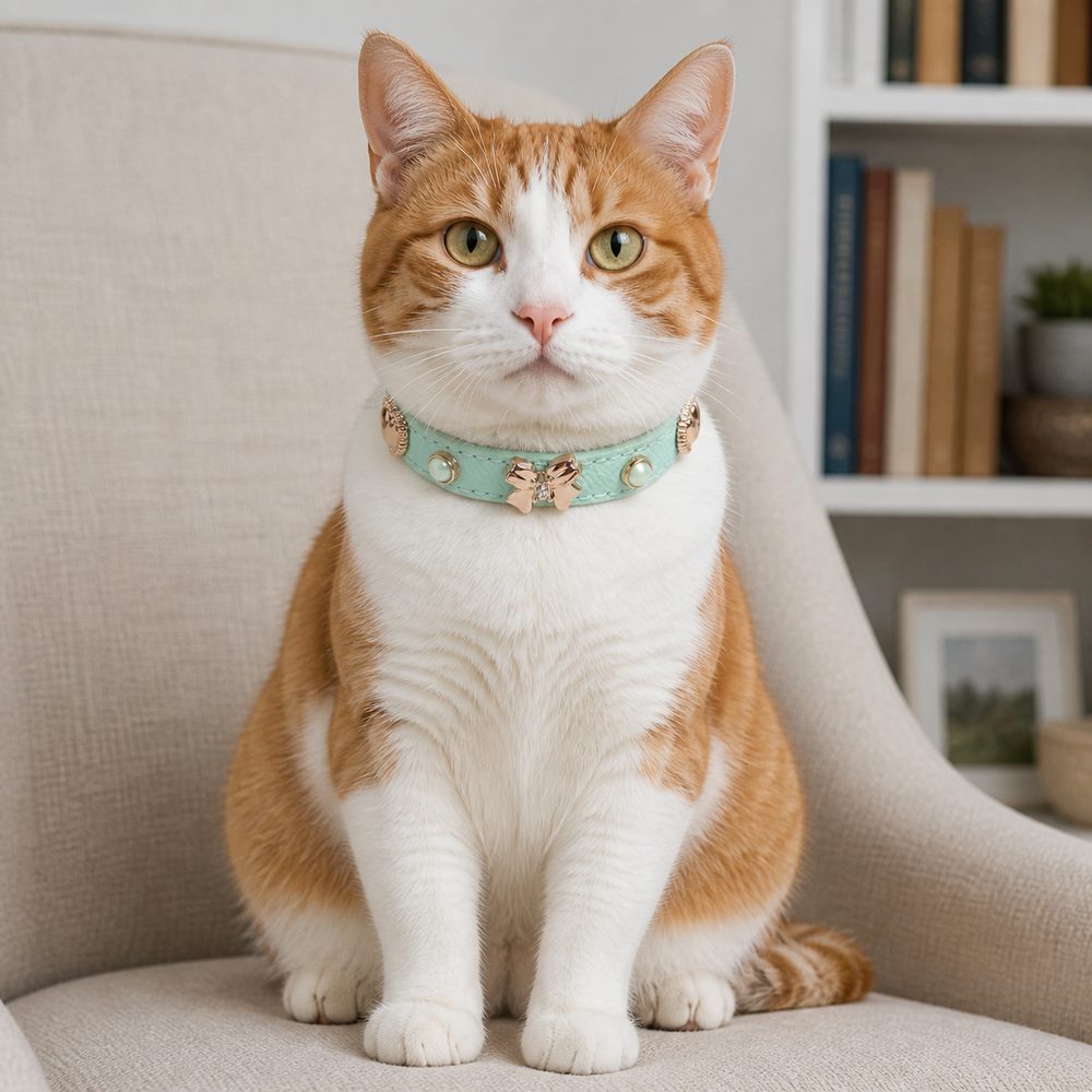 Mint Pearl Cat Collar with Rose-Gold Butterfly Bow