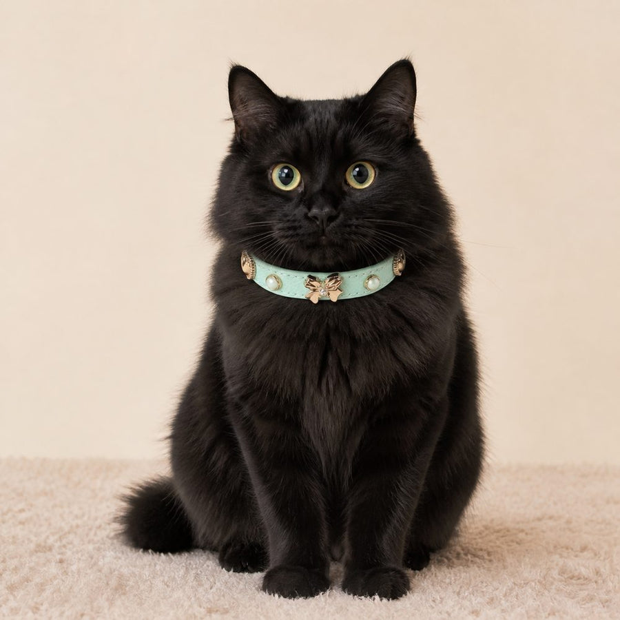 Mint Pearl Cat Collar with Rose-Gold Butterfly Bow