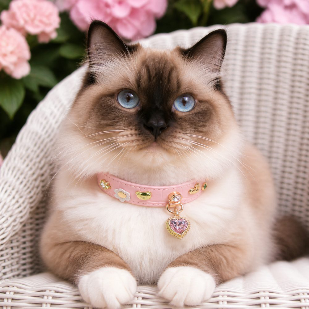 Peach Treasure Cat Collar with Teddy Charms and Crystal Heart