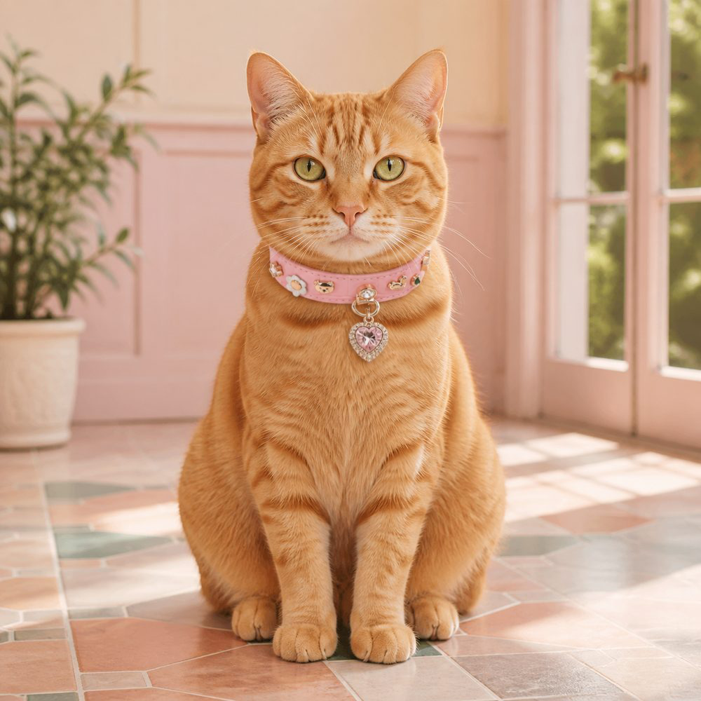 Peach Treasure Cat Collar with Teddy Charms and Crystal Heart