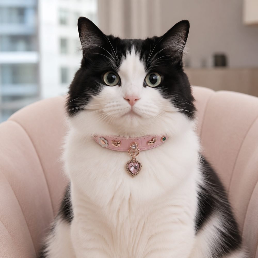 Peach Treasure Cat Collar with Teddy Charms and Crystal Heart