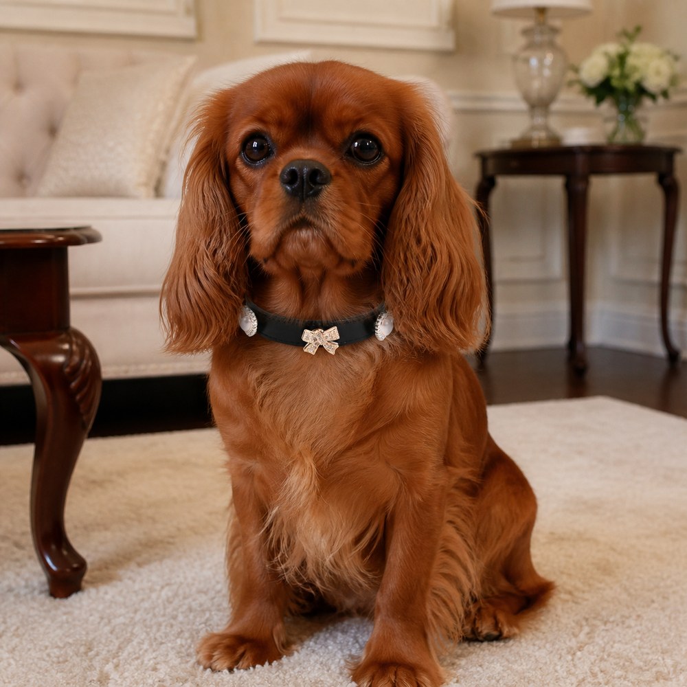 Black Pearl Bow Dog Collar with Crystal Accents