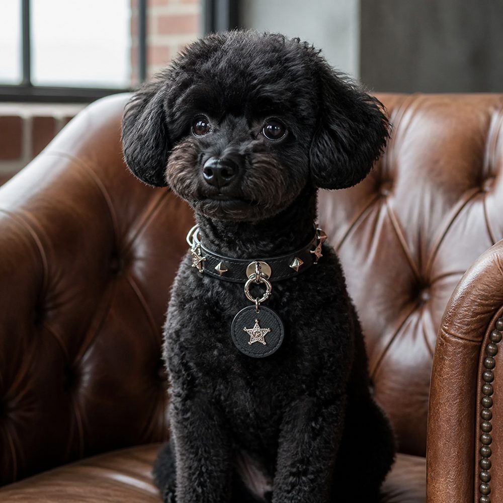 Obsidian Guardian Dog Collar with Silver Rings and Star Medallion
