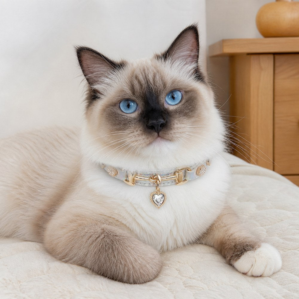 Moonlit Aurora Cat Collar with Clear Crystal Heart Pendant