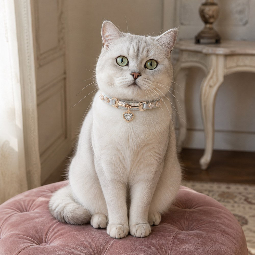 Moonlit Aurora Cat Collar with Clear Crystal Heart Pendant