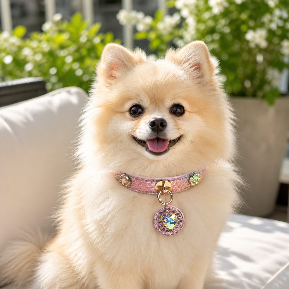 Rose Stardust Dog Collar with Iridescent Heart Medallion