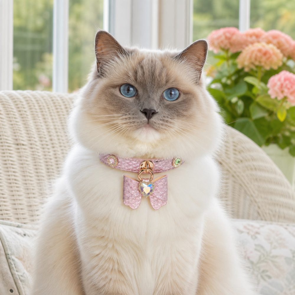 Rose Butterfly Cat Collar with Aurora Heart Crystal