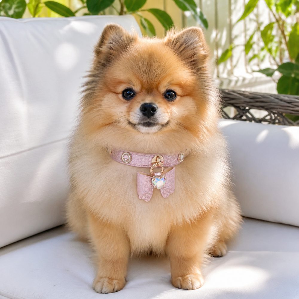 Rose Stardust Dog Collar with Bow and Iridescent Heart Crystal