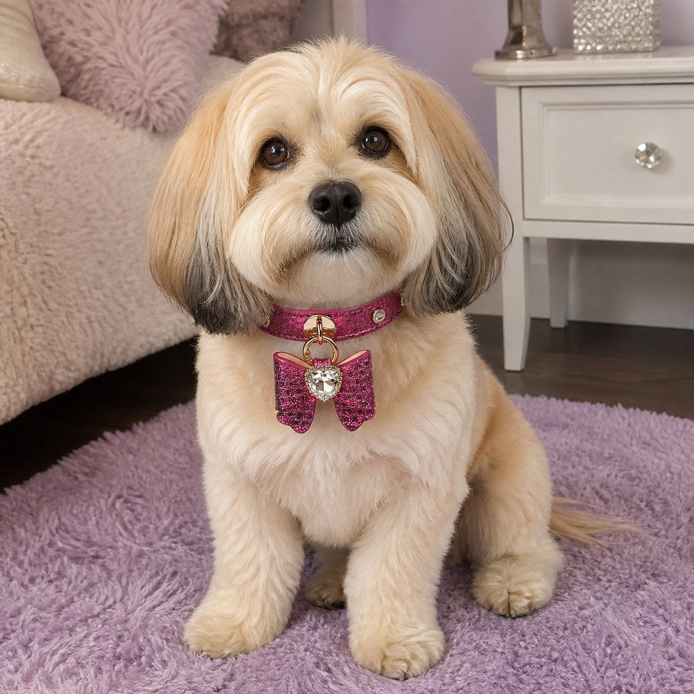Fuchsia Sparkle Dog Collar with Bow and Crystal Heart