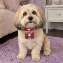Fuchsia Sparkle Dog Collar with Bow and Crystal Heart