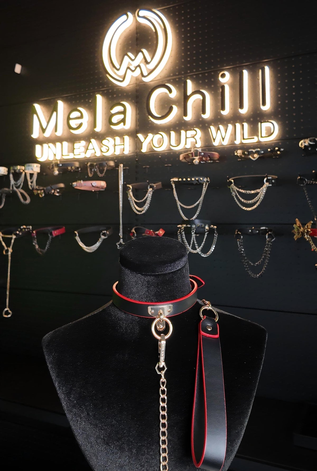 MelaChill Gothic Punk Choker Set | Leather Collar + Gold Chain Leash