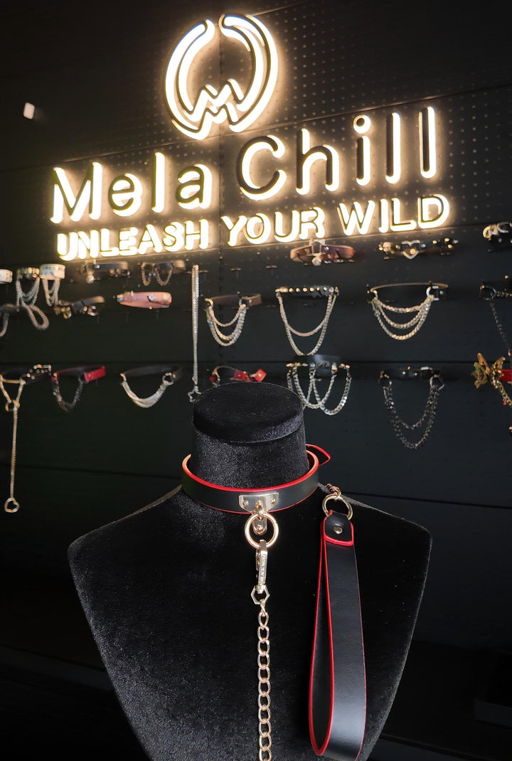 MelaChill Gothic Punk Choker Set | Leather Collar + Gold Chain Leash