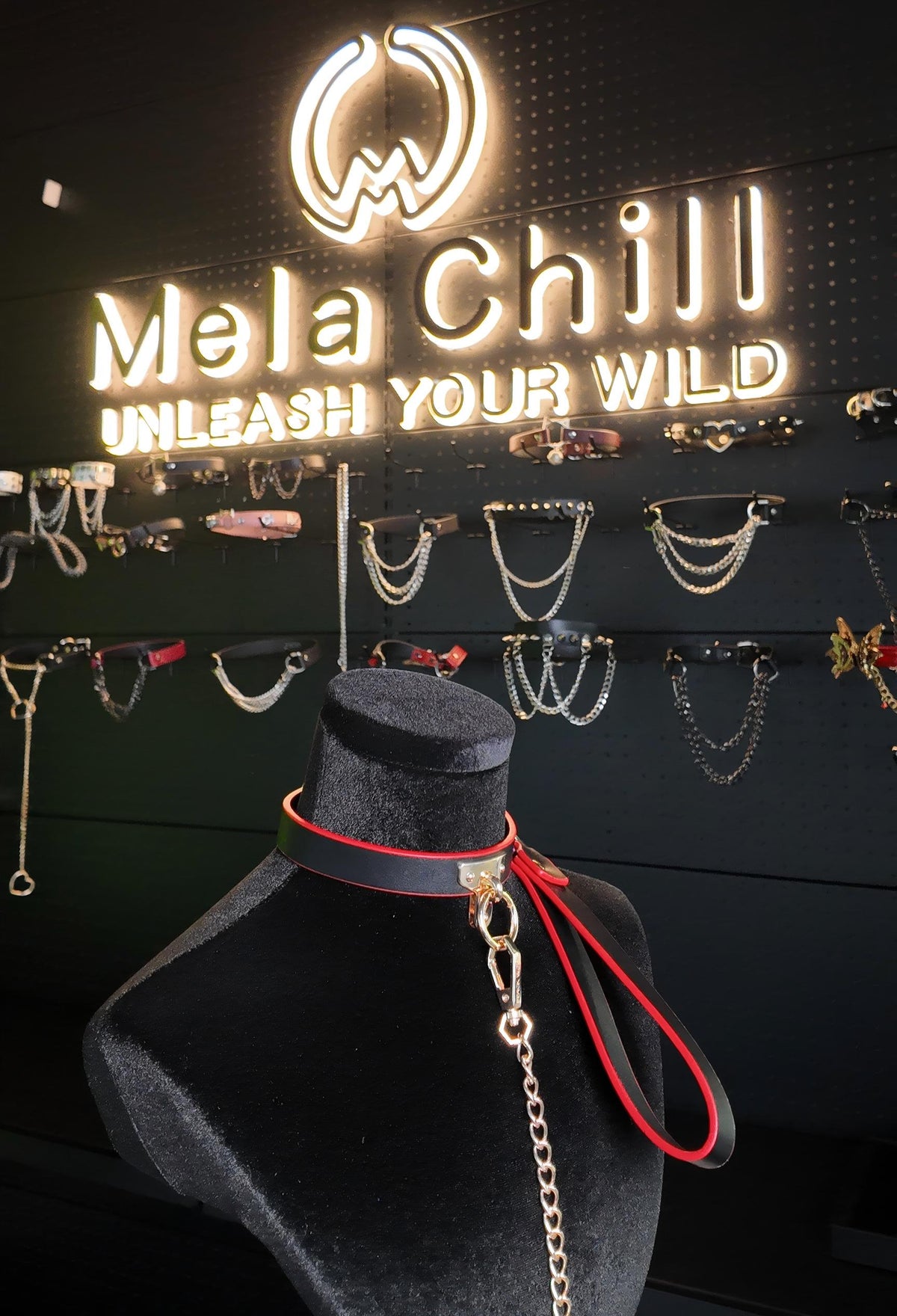 MelaChill Gothic Punk Choker Set | Leather Collar + Gold Chain Leash