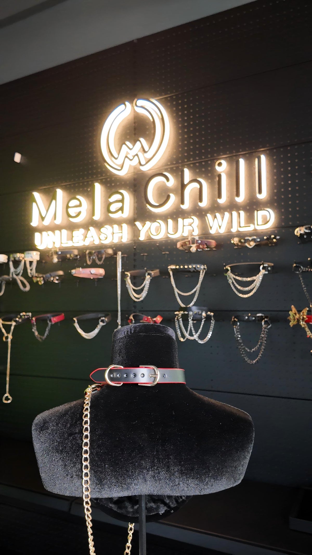 MelaChill Gothic Punk Choker Set | Leather Collar + Gold Chain Leash