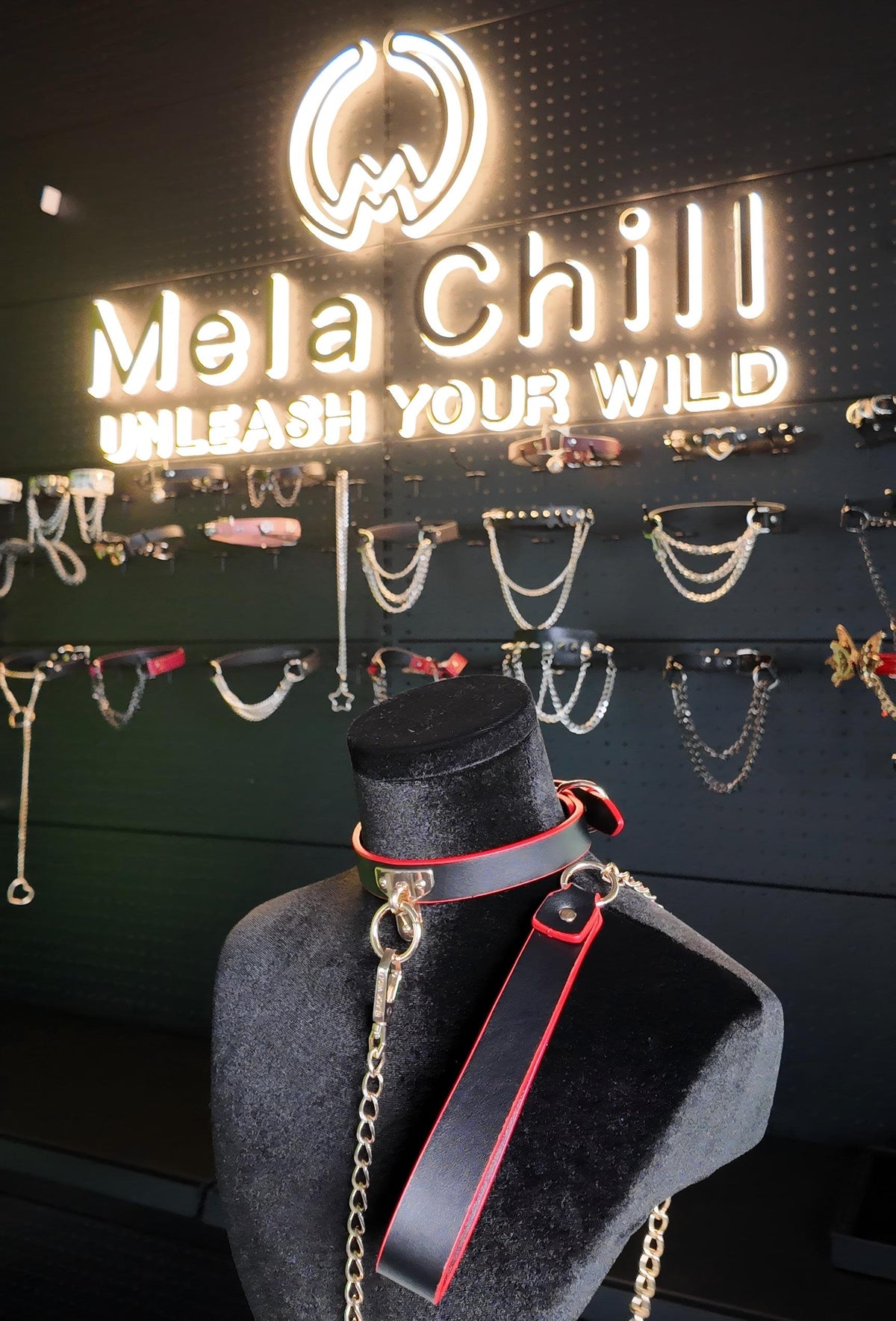 MelaChill Gothic Punk Choker Set | Leather Collar + Gold Chain Leash