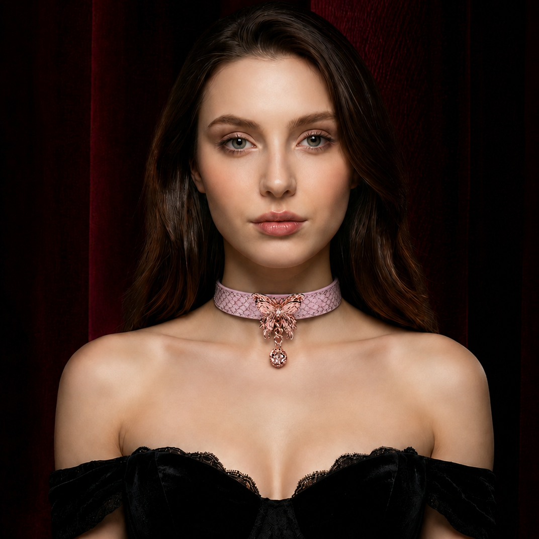 Rose Gold Butterfly Pendant Leather Choker